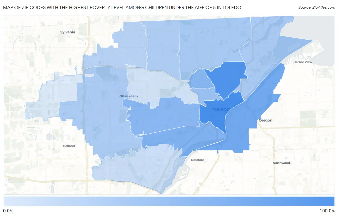 Zip Codes with the Highest Poverty Level Among Children Under the Age of 5 in Toledo Map