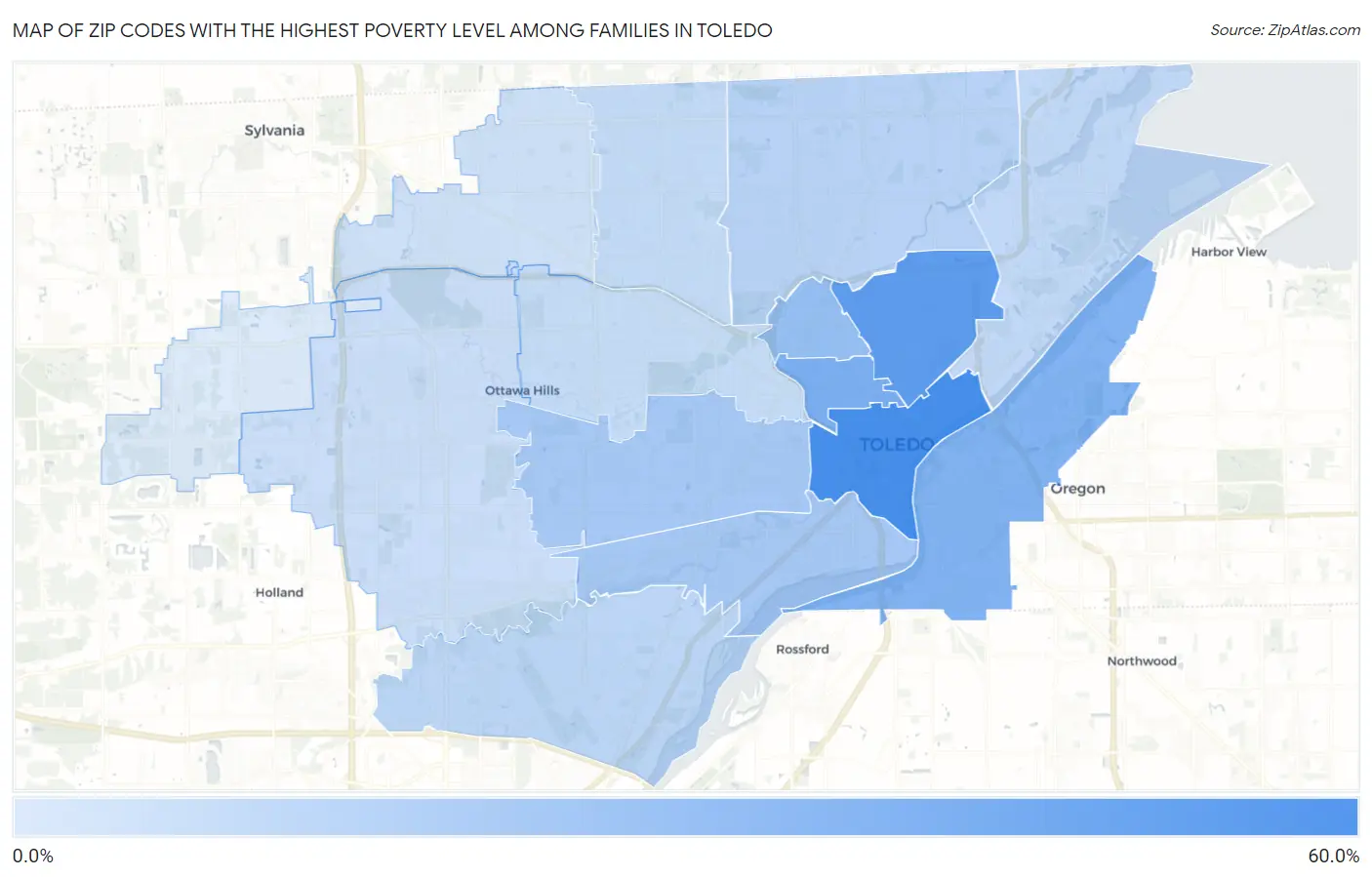 Zip Codes with the Highest Poverty Level Among Families in Toledo Map