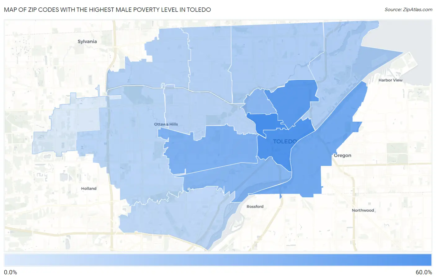 Zip Codes with the Highest Male Poverty Level in Toledo Map