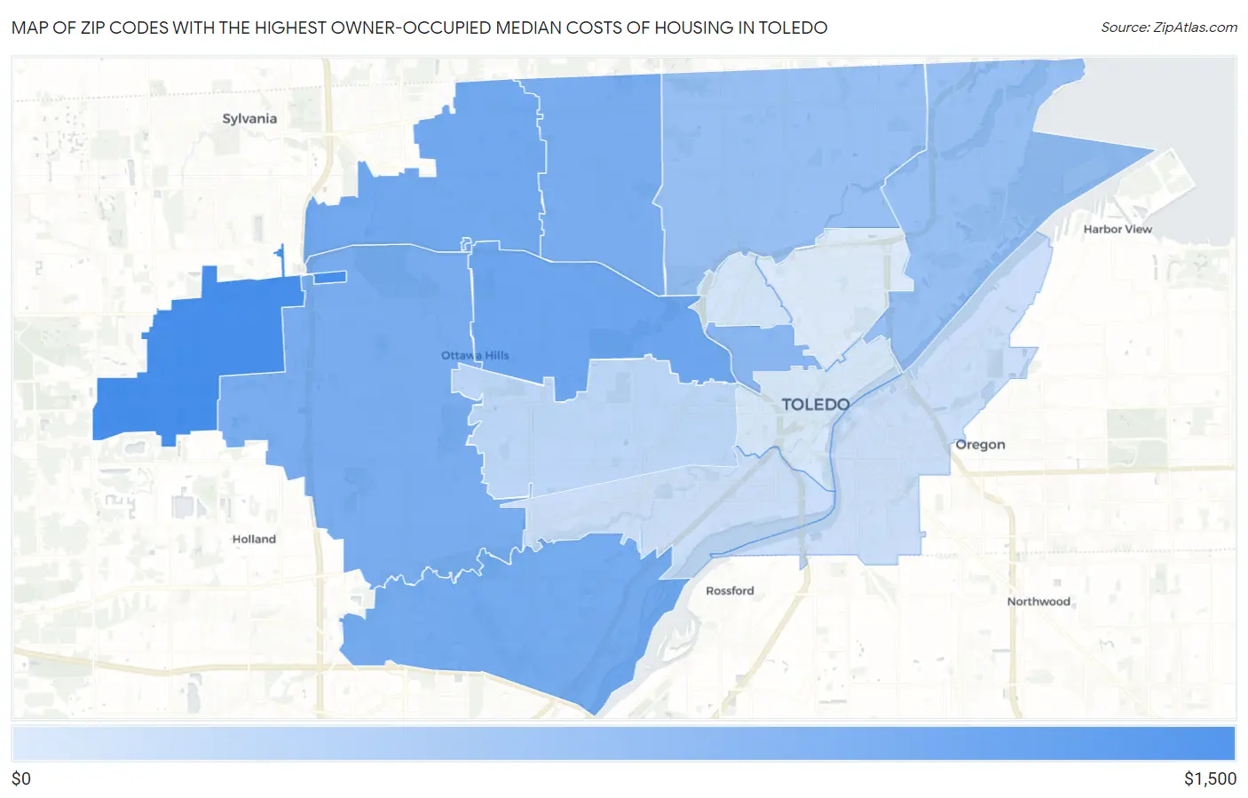 Zip Codes with the Highest Owner-Occupied Median Costs of Housing in Toledo Map