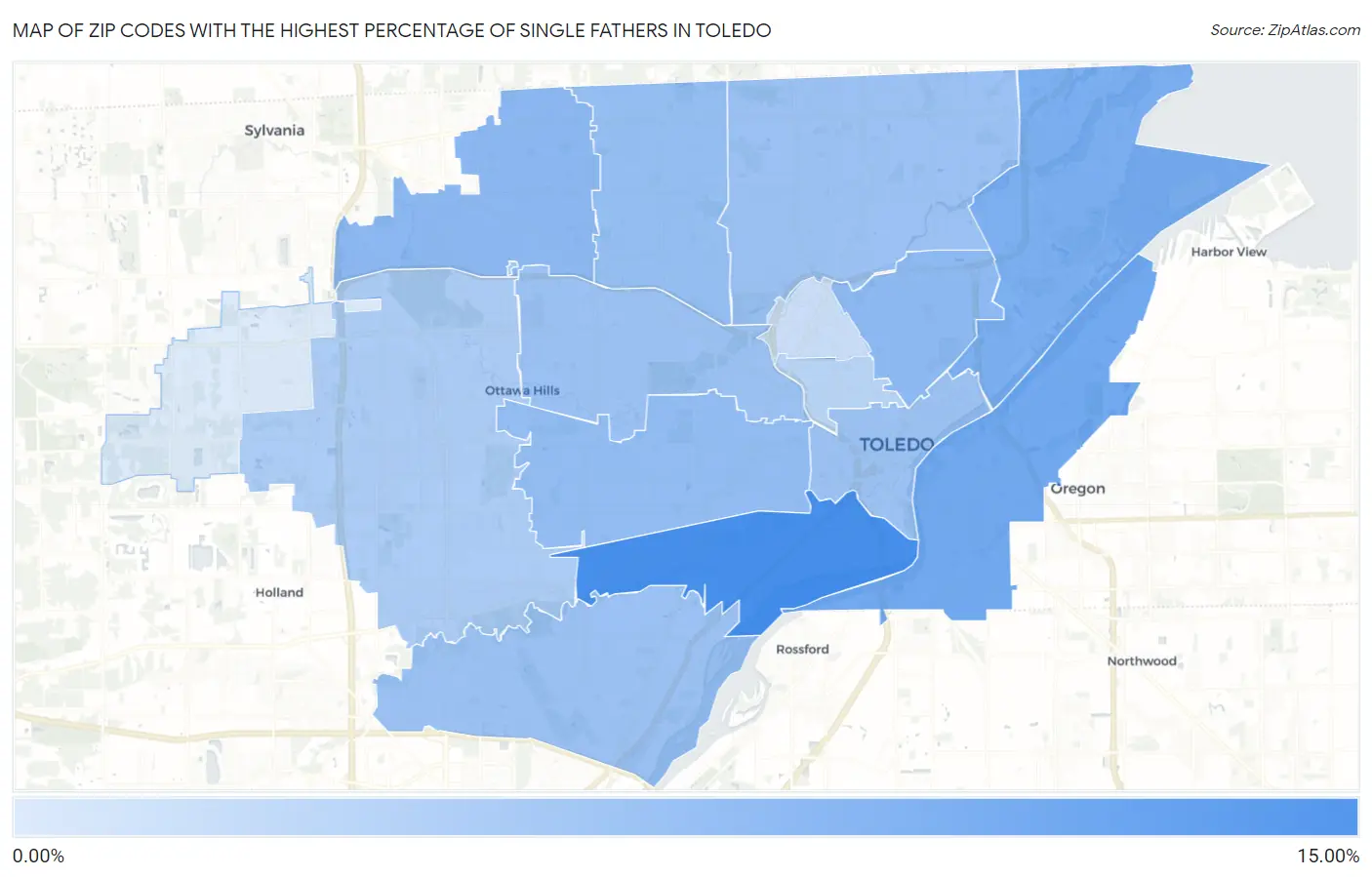 Zip Codes with the Highest Percentage of Single Fathers in Toledo Map