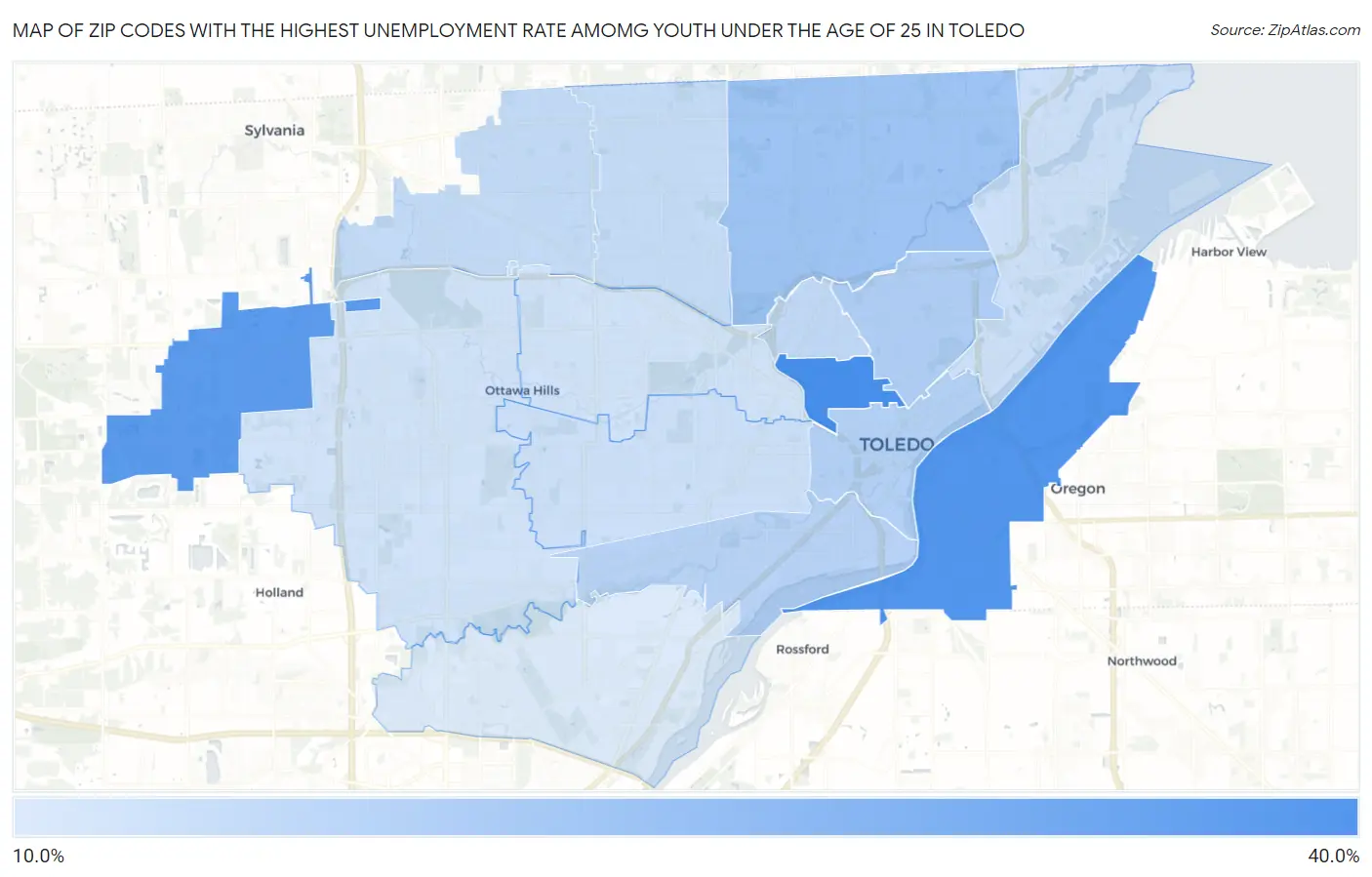 Zip Codes with the Highest Unemployment Rate Amomg Youth Under the Age of 25 in Toledo Map