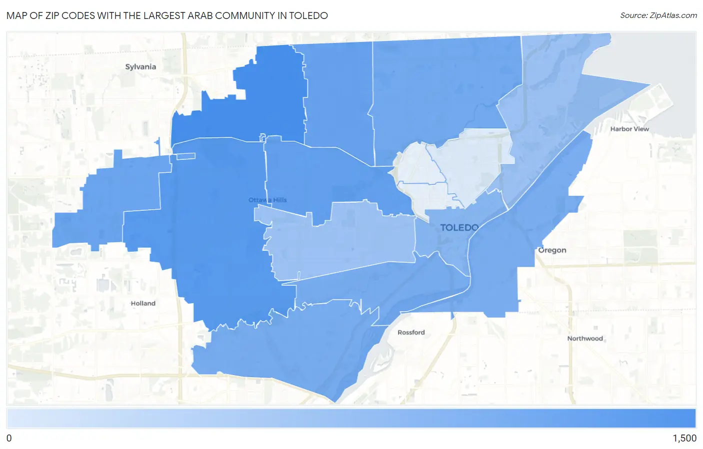 Zip Codes with the Largest Arab Community in Toledo Map