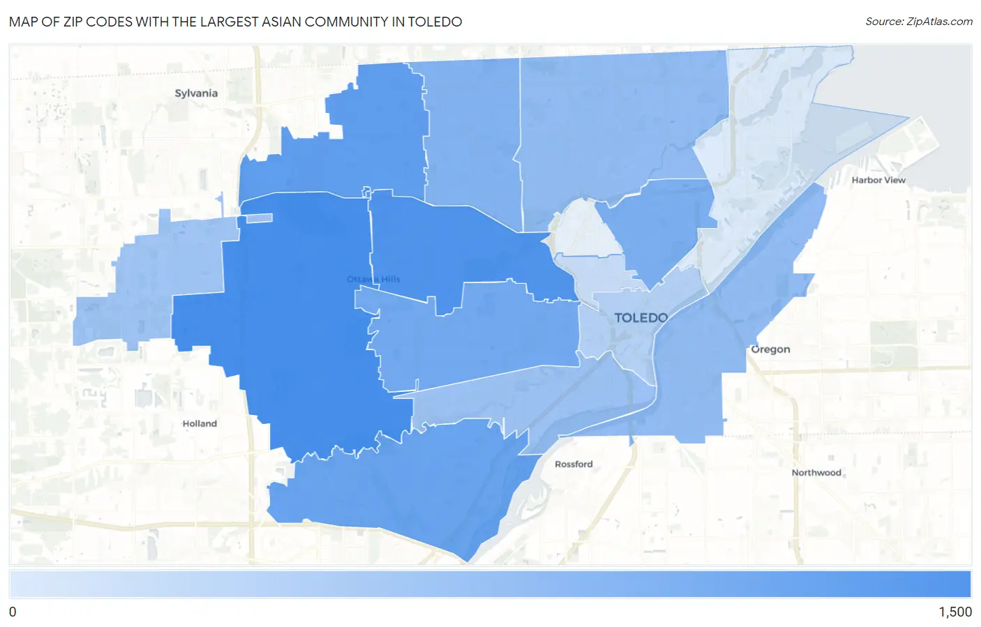 Zip Codes with the Largest Asian Community in Toledo Map