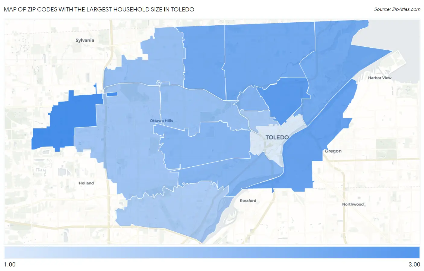Zip Codes with the Largest Household Size in Toledo Map