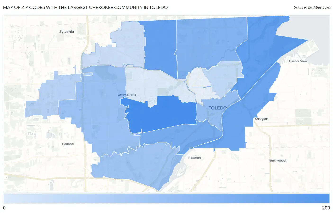 Zip Codes with the Largest Cherokee Community in Toledo Map