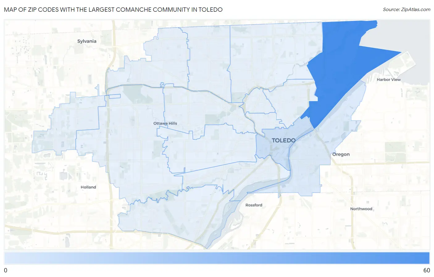 Zip Codes with the Largest Comanche Community in Toledo Map