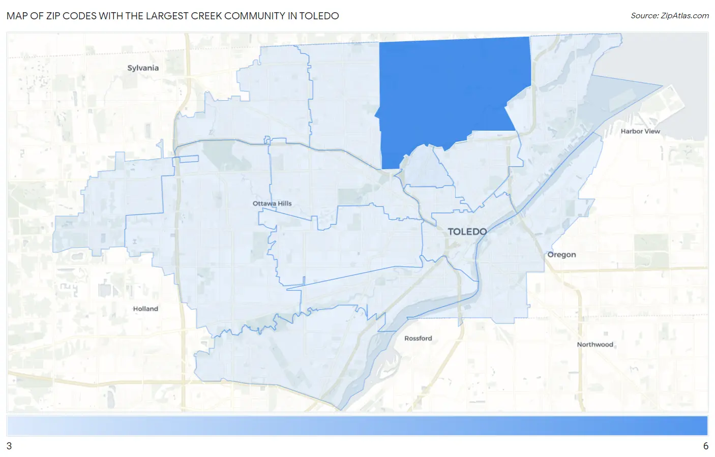 Zip Codes with the Largest Creek Community in Toledo Map