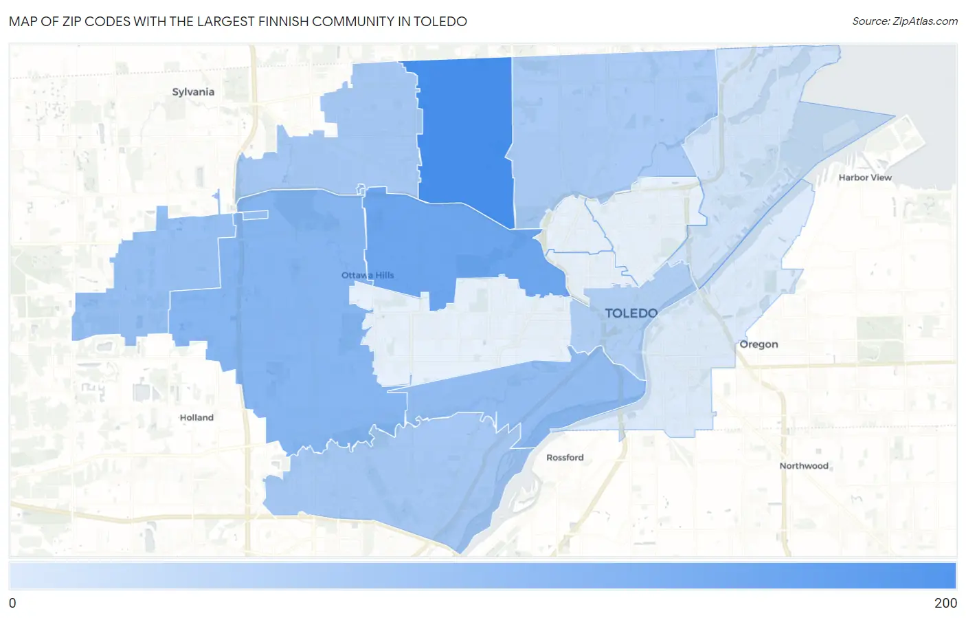 Zip Codes with the Largest Finnish Community in Toledo Map