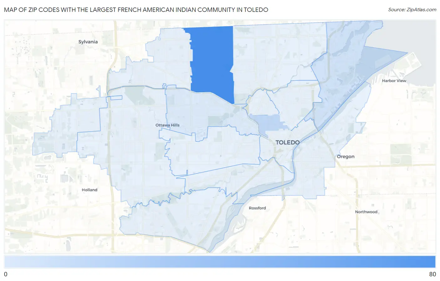 Zip Codes with the Largest French American Indian Community in Toledo Map