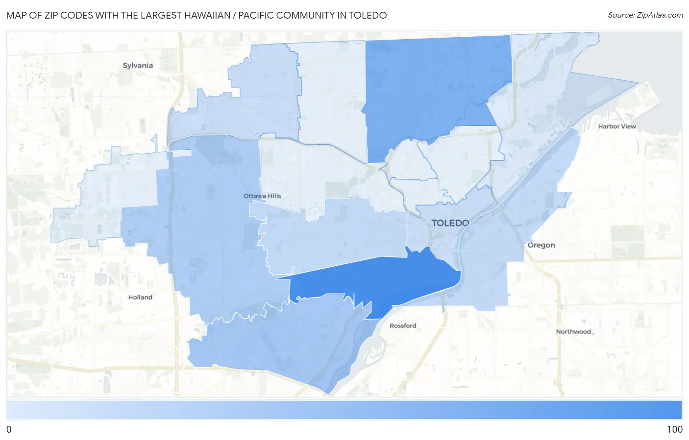 Zip Codes with the Largest Hawaiian / Pacific Community in Toledo Map