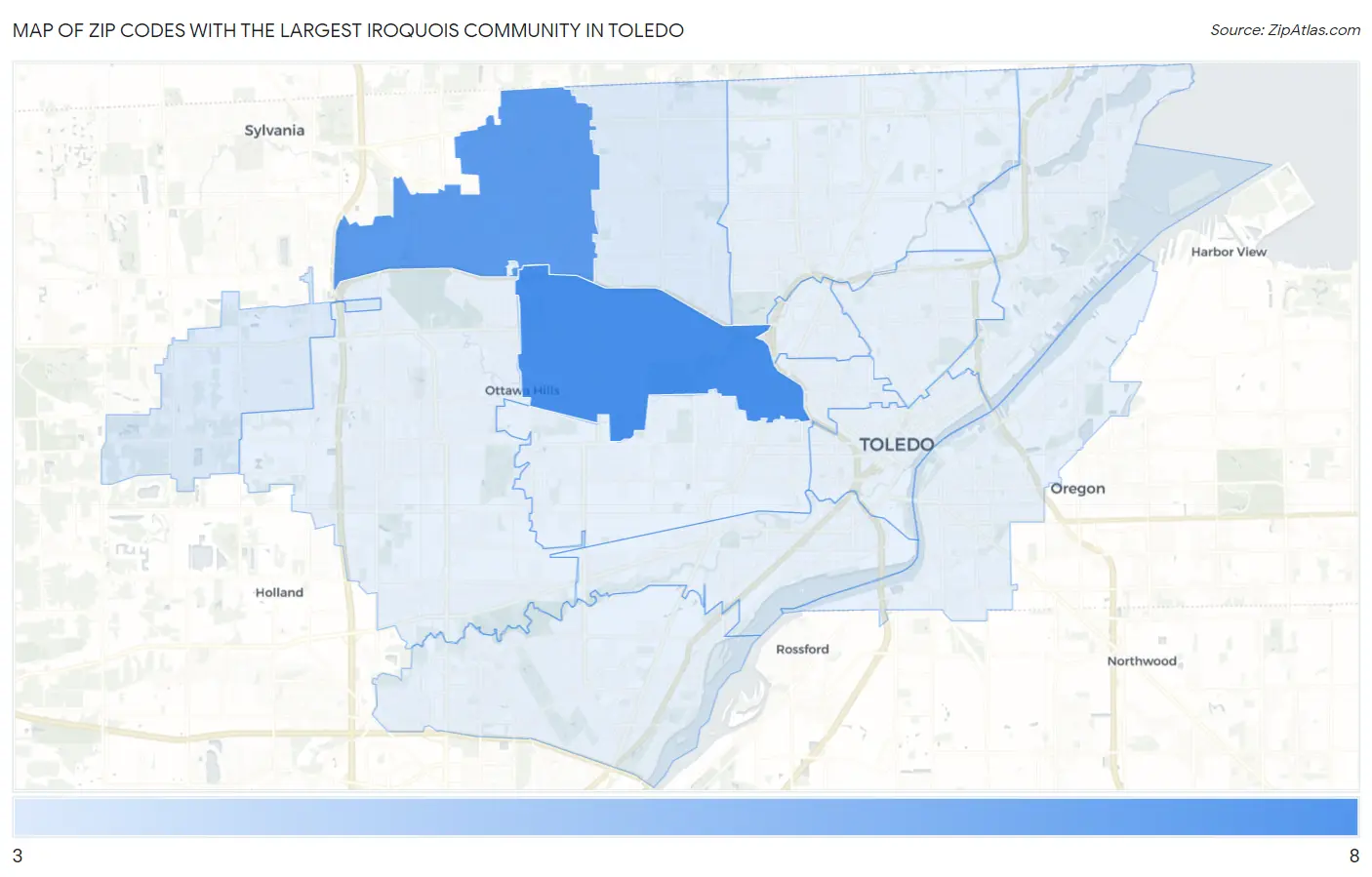 Zip Codes with the Largest Iroquois Community in Toledo Map