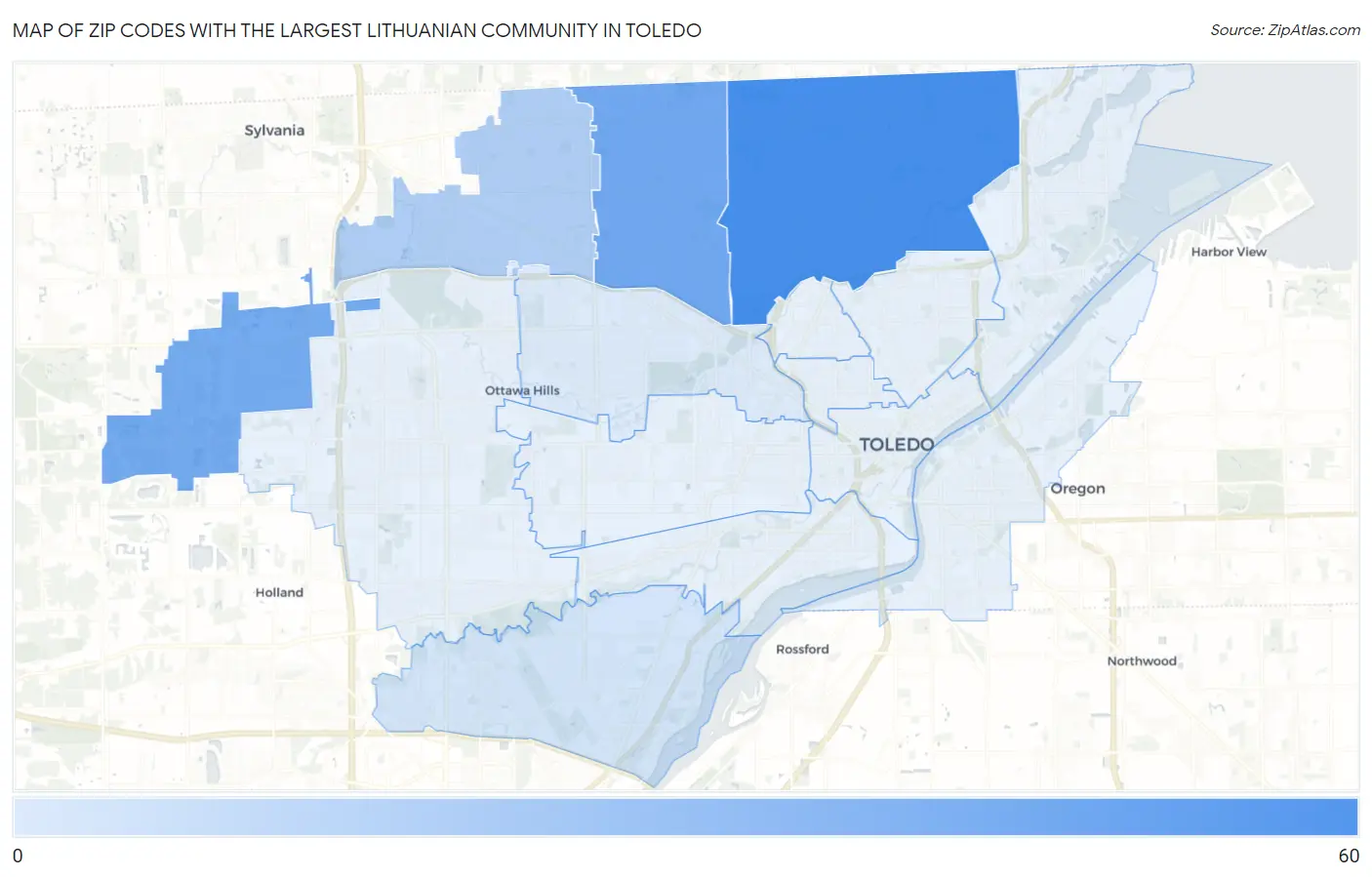 Zip Codes with the Largest Lithuanian Community in Toledo Map