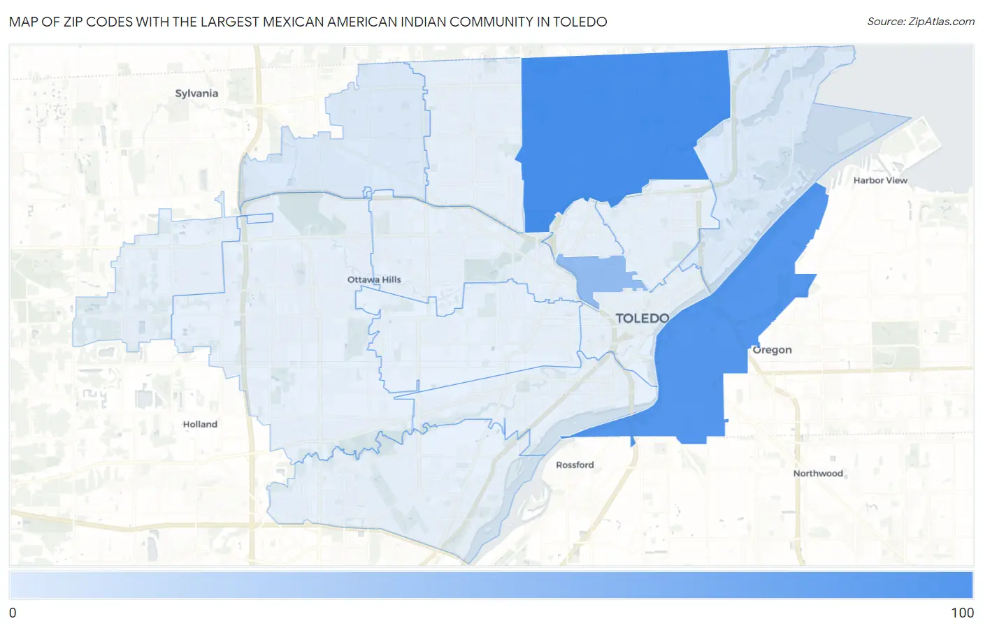 Zip Codes with the Largest Mexican American Indian Community in Toledo Map