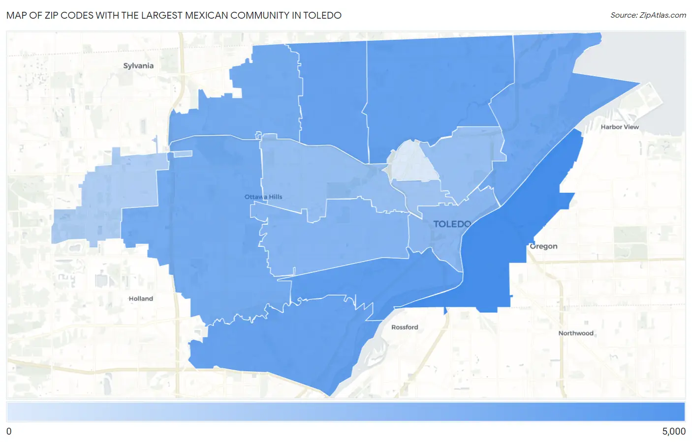 Zip Codes with the Largest Mexican Community in Toledo Map