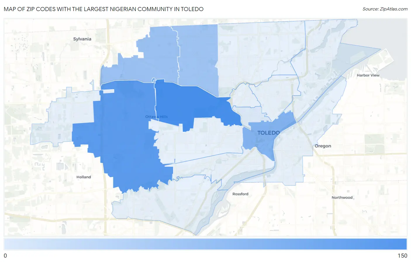 Zip Codes with the Largest Nigerian Community in Toledo Map