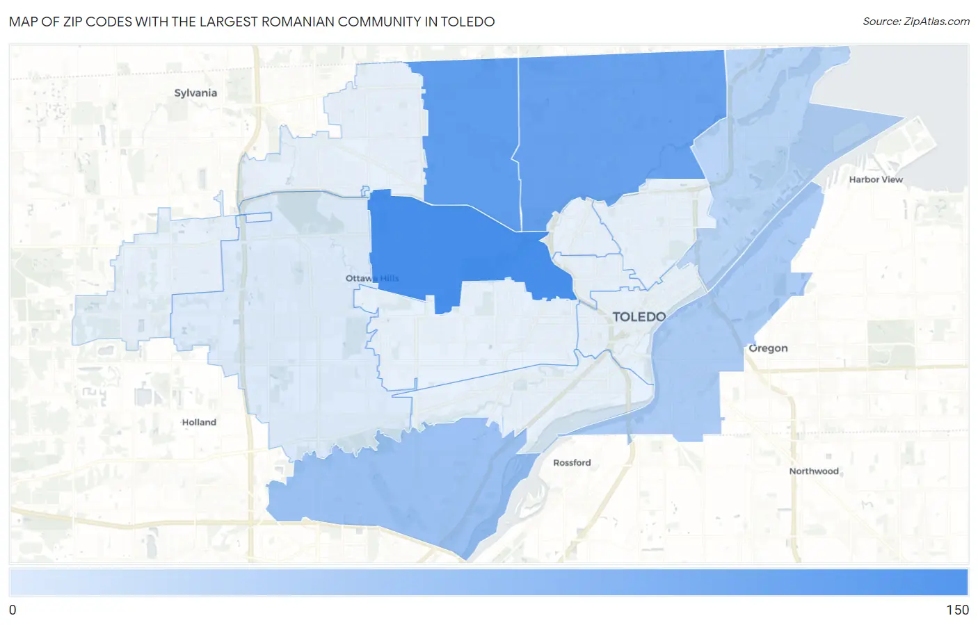 Zip Codes with the Largest Romanian Community in Toledo Map