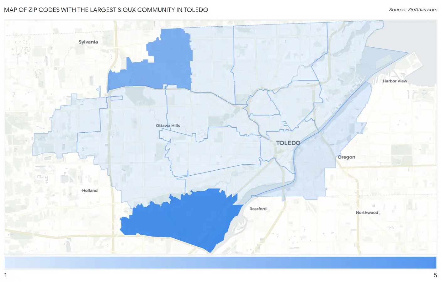Zip Codes with the Largest Sioux Community in Toledo Map