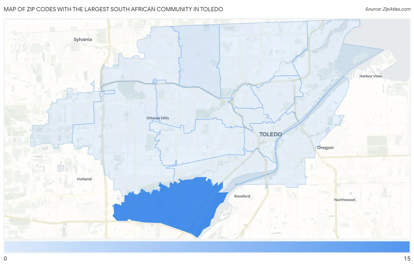 Zip Codes with the Largest South African Community in Toledo Map