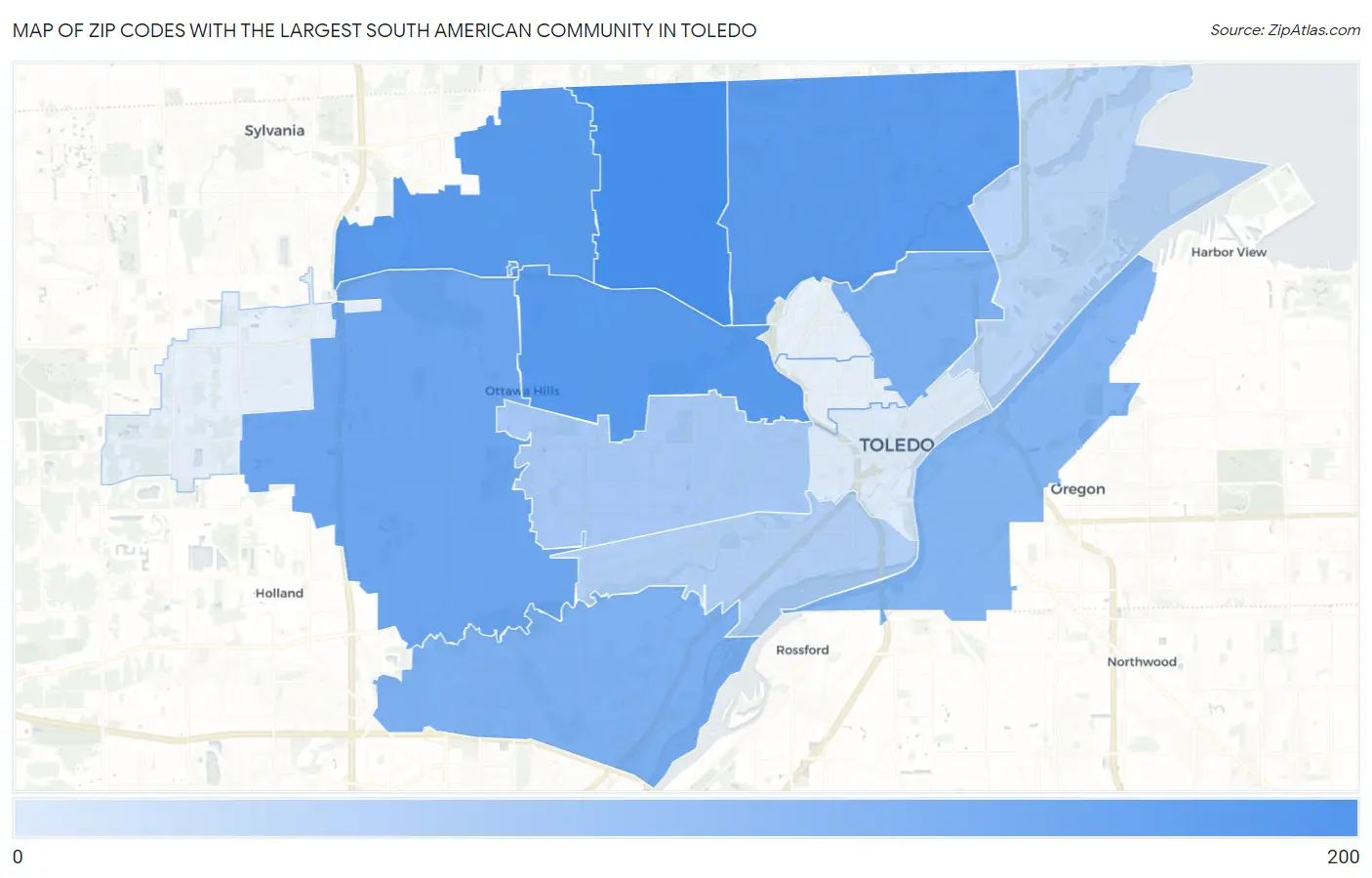 Zip Codes with the Largest South American Community in Toledo Map