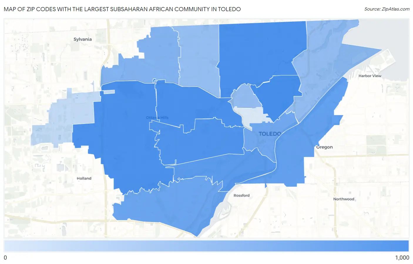 Zip Codes with the Largest Subsaharan African Community in Toledo Map