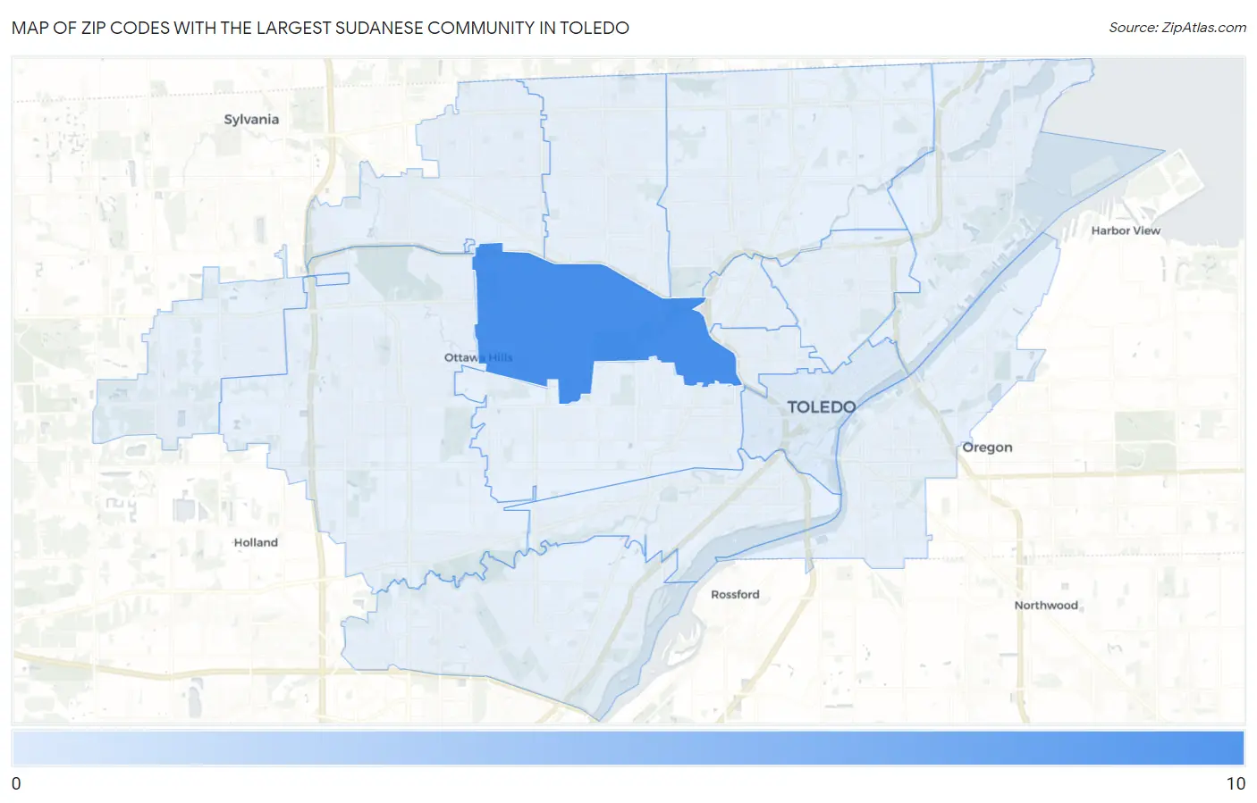 Zip Codes with the Largest Sudanese Community in Toledo Map