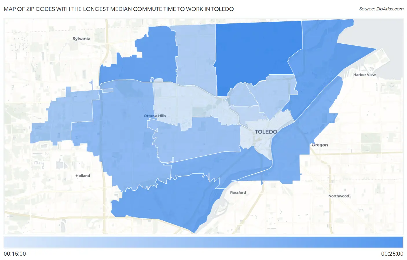 Zip Codes with the Longest Median Commute Time to Work in Toledo Map