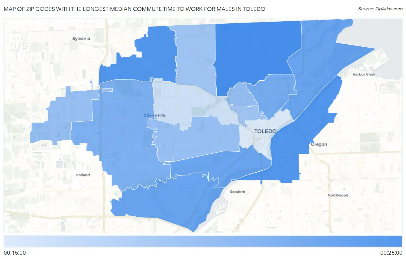 Zip Codes with the Longest Median Commute Time to Work for Males in Toledo Map