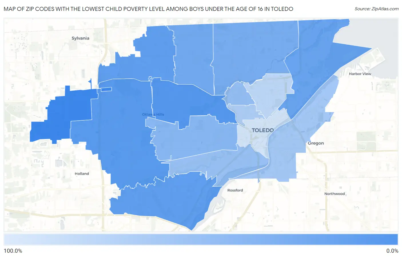 Zip Codes with the Lowest Child Poverty Level Among Boys Under the Age of 16 in Toledo Map