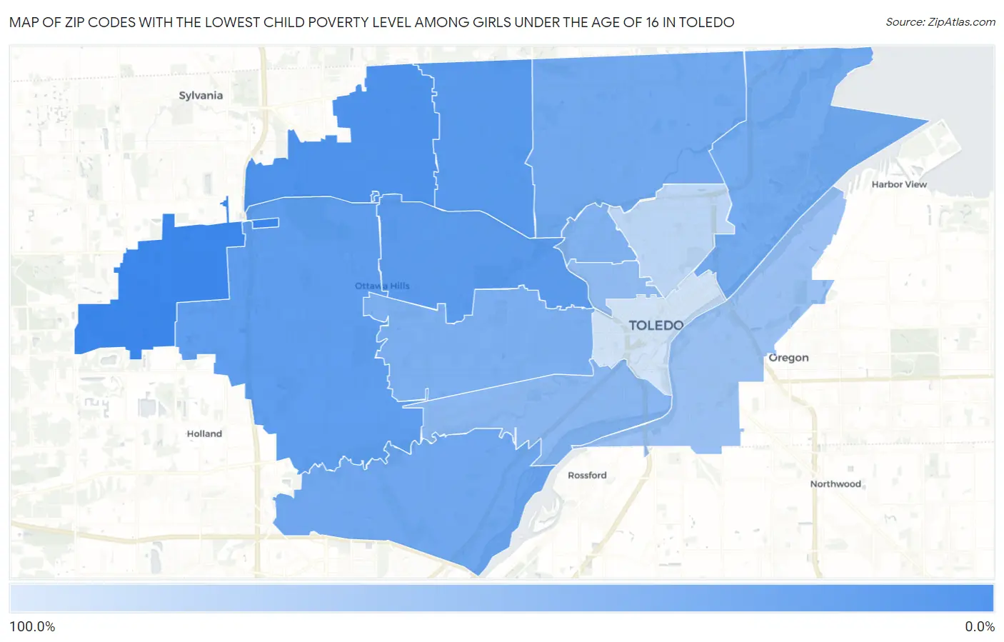Zip Codes with the Lowest Child Poverty Level Among Girls Under the Age of 16 in Toledo Map