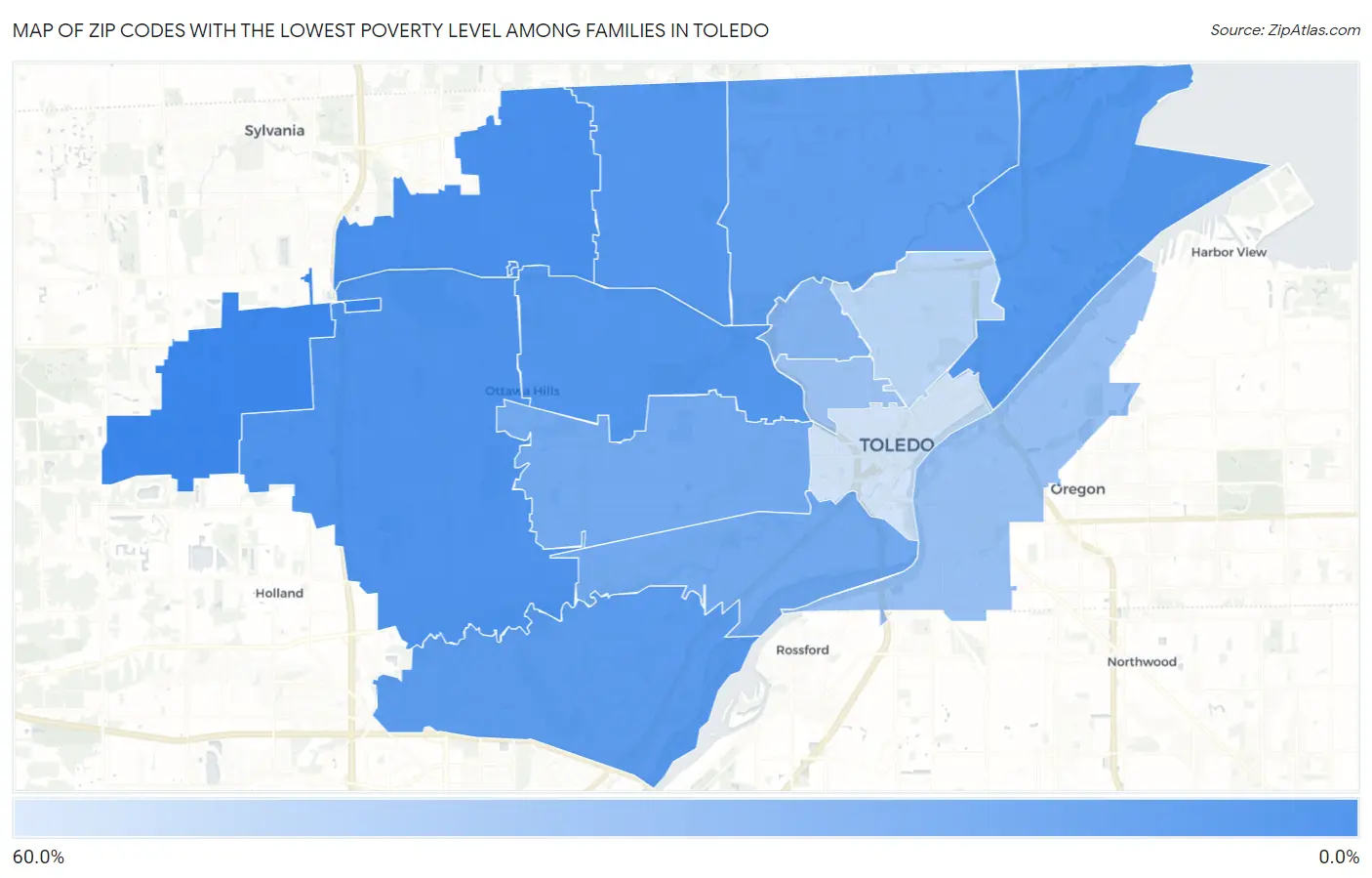 Zip Codes with the Lowest Poverty Level Among Families in Toledo Map