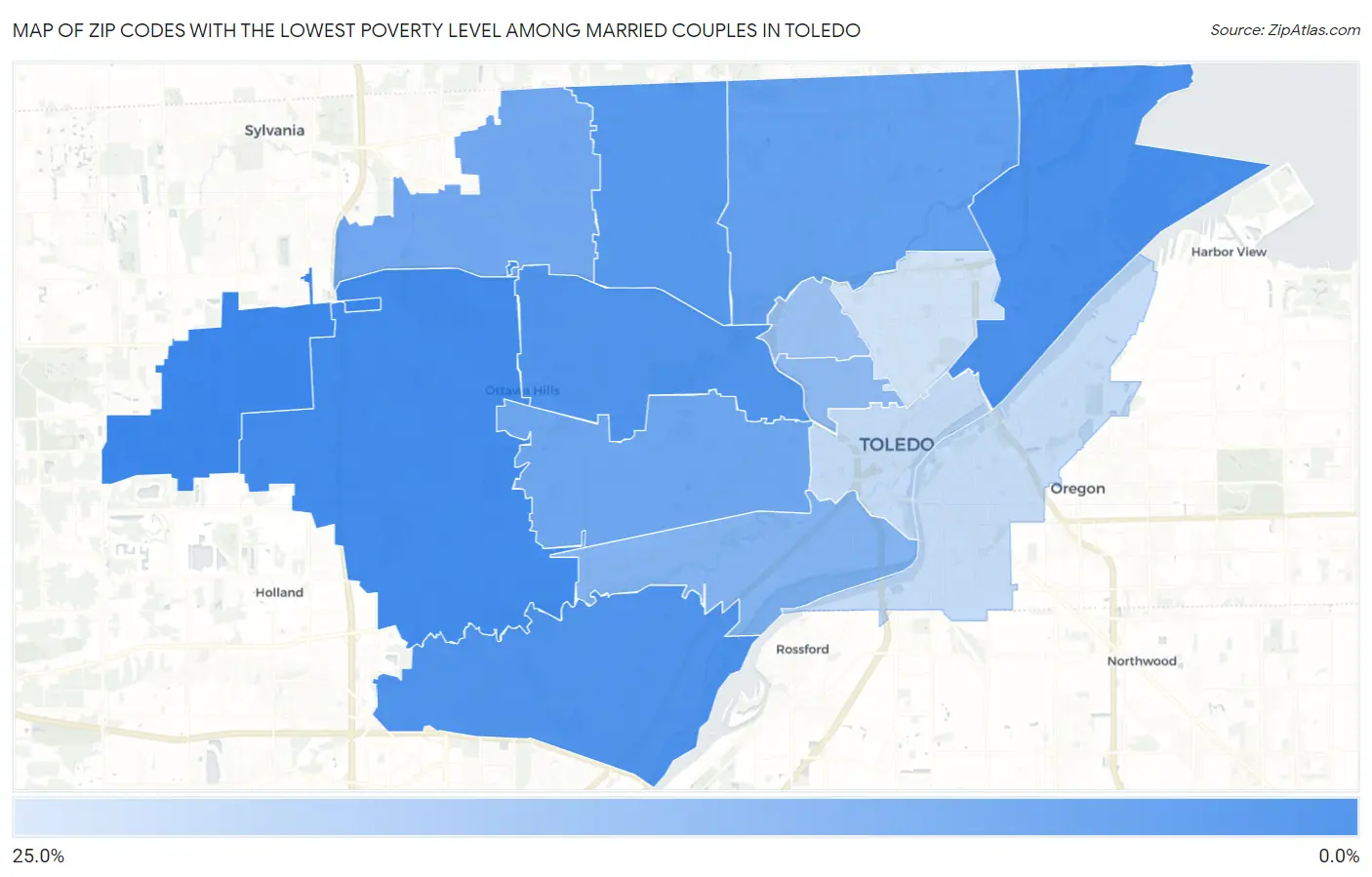 Zip Codes with the Lowest Poverty Level Among Married Couples in Toledo Map