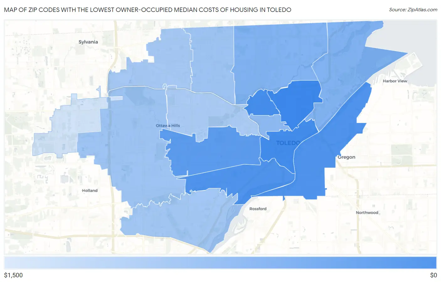 Zip Codes with the Lowest Owner-Occupied Median Costs of Housing in Toledo Map