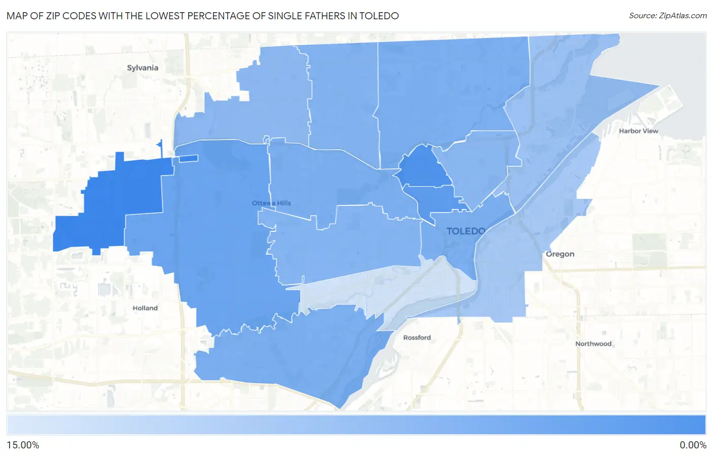 Zip Codes with the Lowest Percentage of Single Fathers in Toledo Map