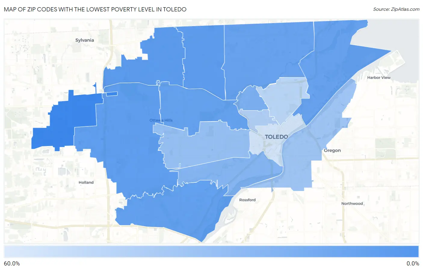 Zip Codes with the Lowest Poverty Level in Toledo Map