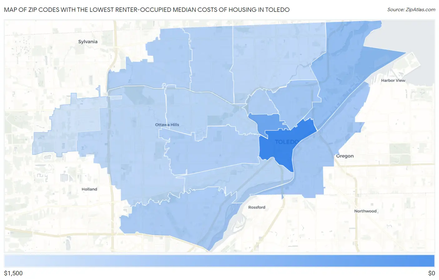Zip Codes with the Lowest Renter-Occupied Median Costs of Housing in Toledo Map