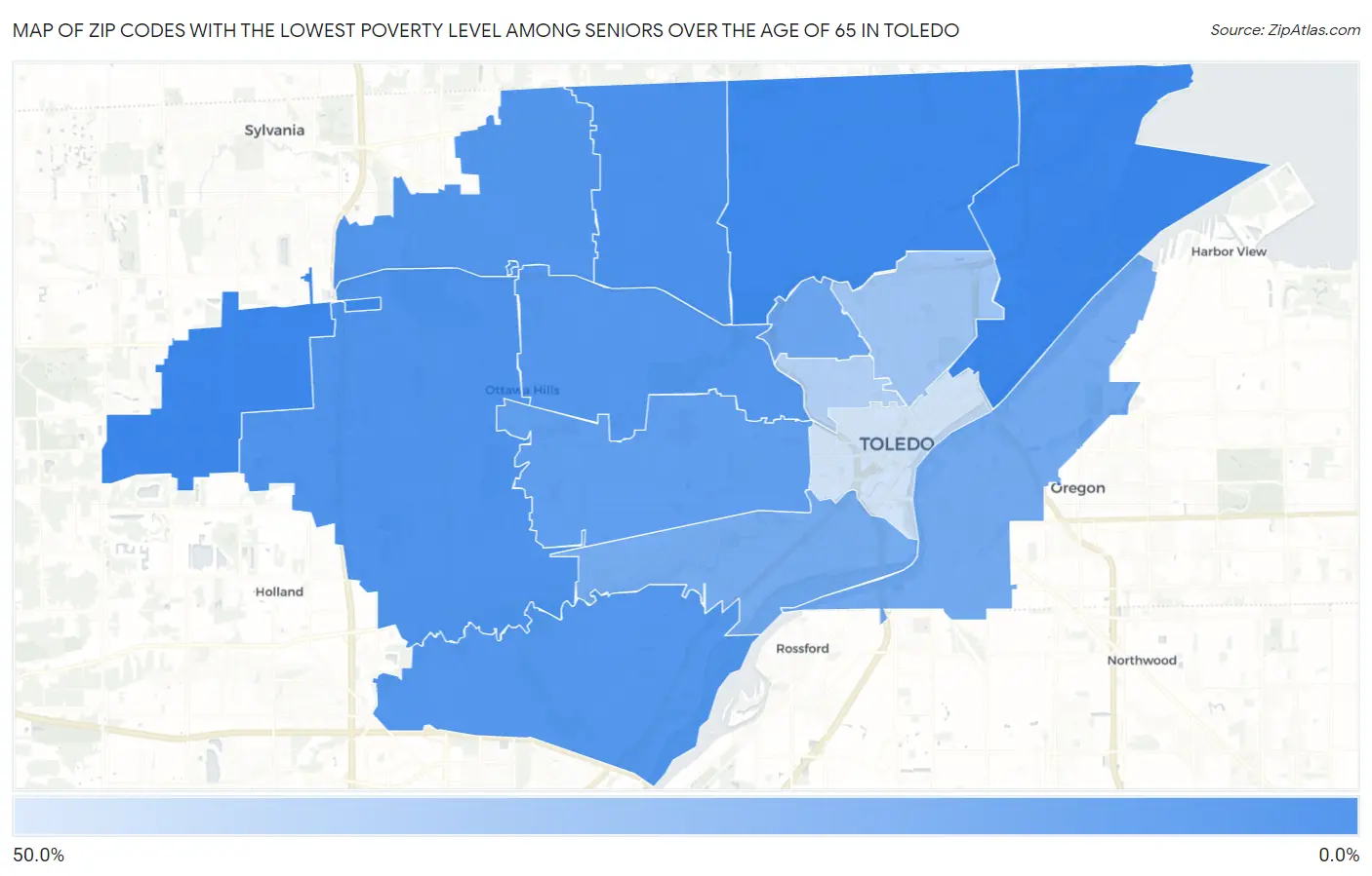 Zip Codes with the Lowest Poverty Level Among Seniors Over the Age of 65 in Toledo Map