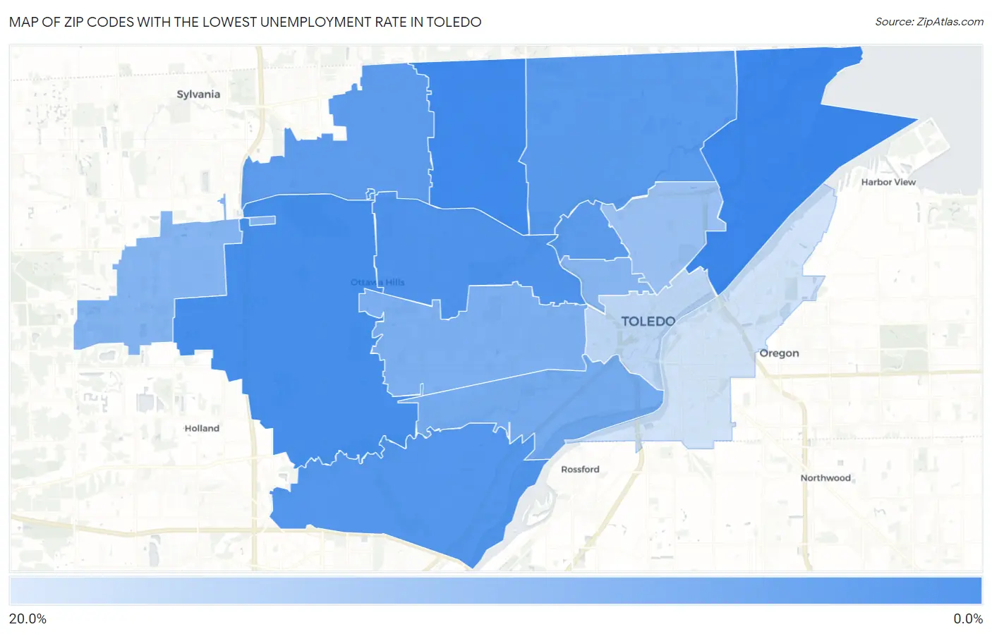 Zip Codes with the Lowest Unemployment Rate in Toledo Map