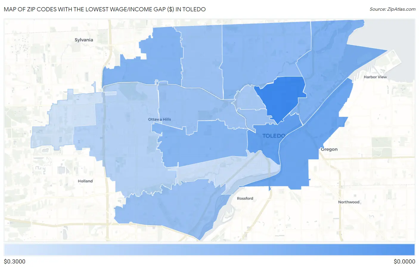 Zip Codes with the Lowest Wage/Income Gap ($) in Toledo Map