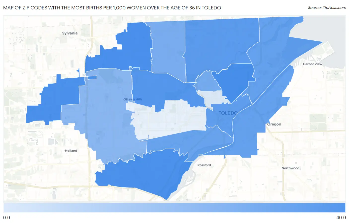 Zip Codes with the Most Births per 1,000 Women Over the Age of 35 in Toledo Map