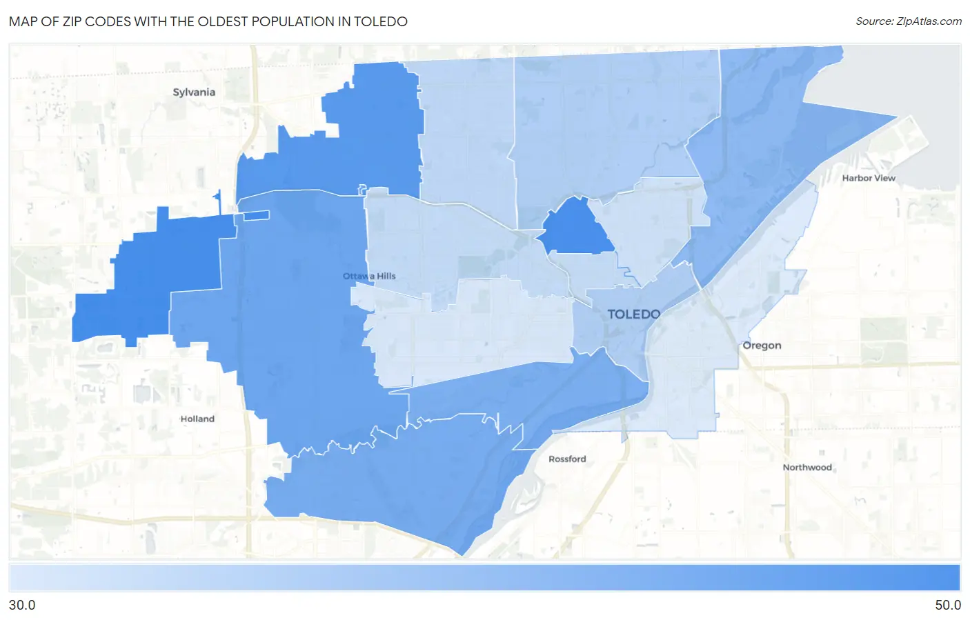 Zip Codes with the Oldest Population in Toledo Map