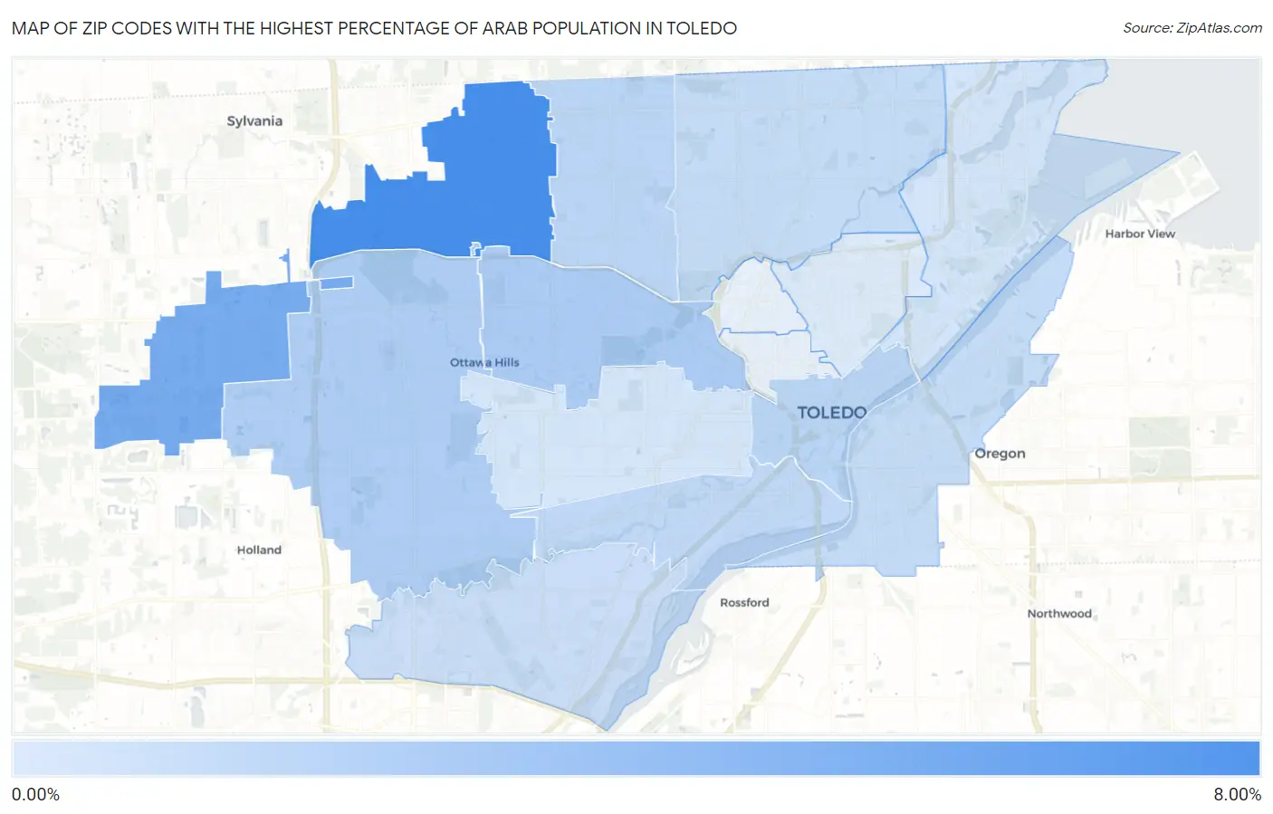 Zip Codes with the Highest Percentage of Arab Population in Toledo Map