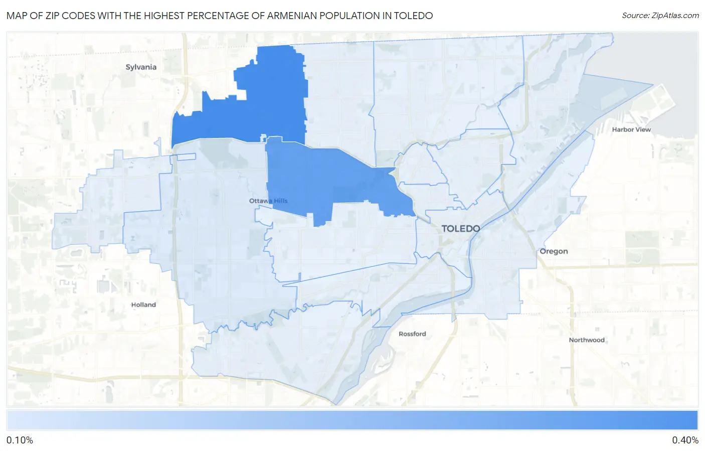 Zip Codes with the Highest Percentage of Armenian Population in Toledo Map