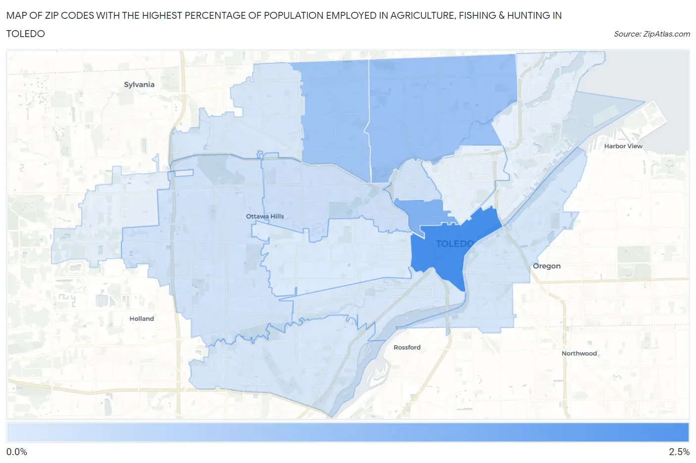 Zip Codes with the Highest Percentage of Population Employed in Agriculture, Fishing & Hunting in Toledo Map
