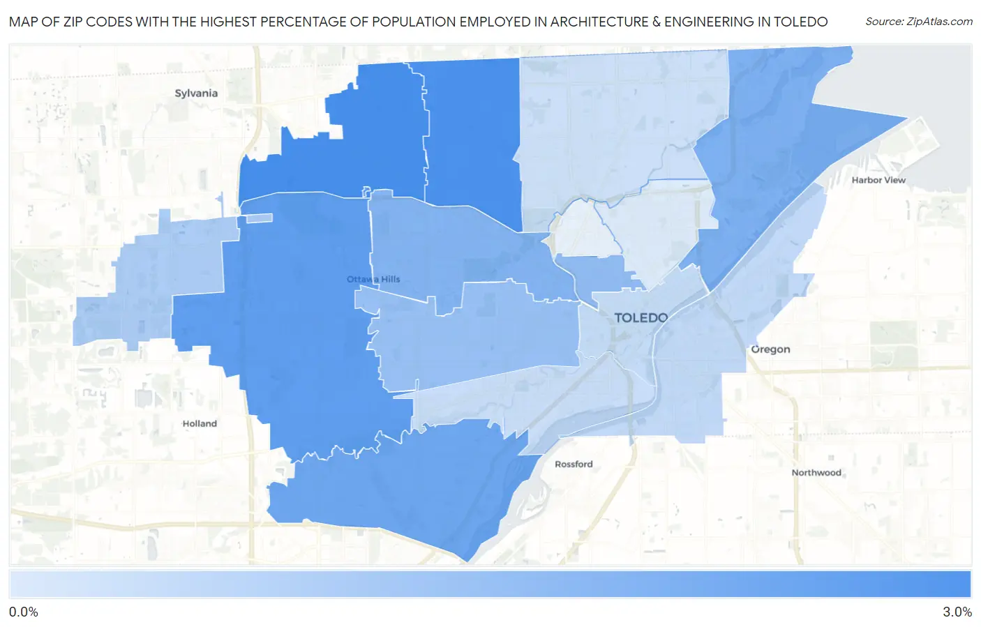 Zip Codes with the Highest Percentage of Population Employed in Architecture & Engineering in Toledo Map