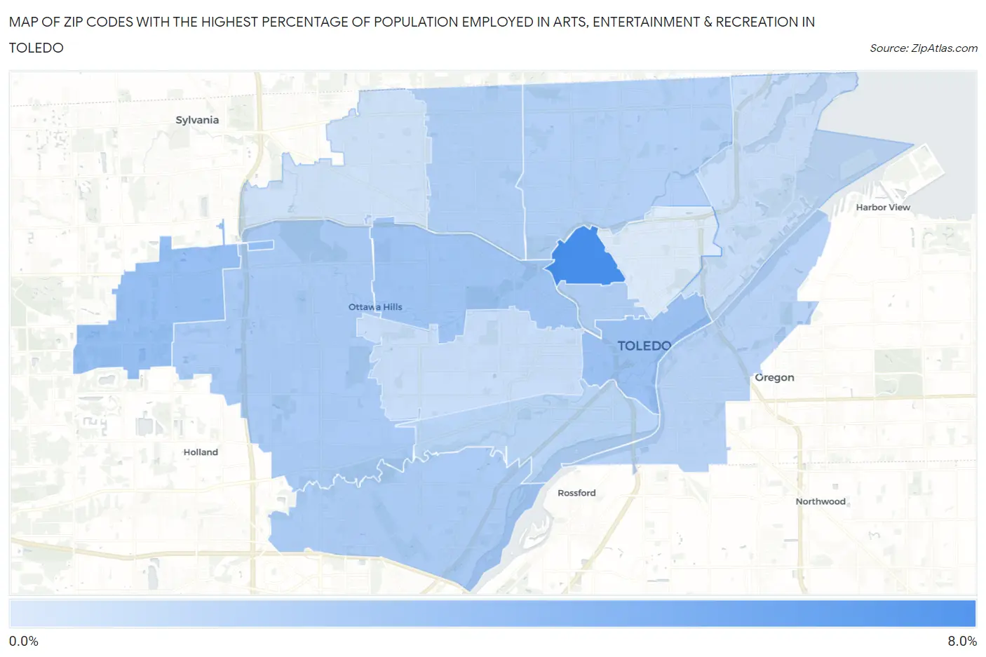 Zip Codes with the Highest Percentage of Population Employed in Arts, Entertainment & Recreation in Toledo Map