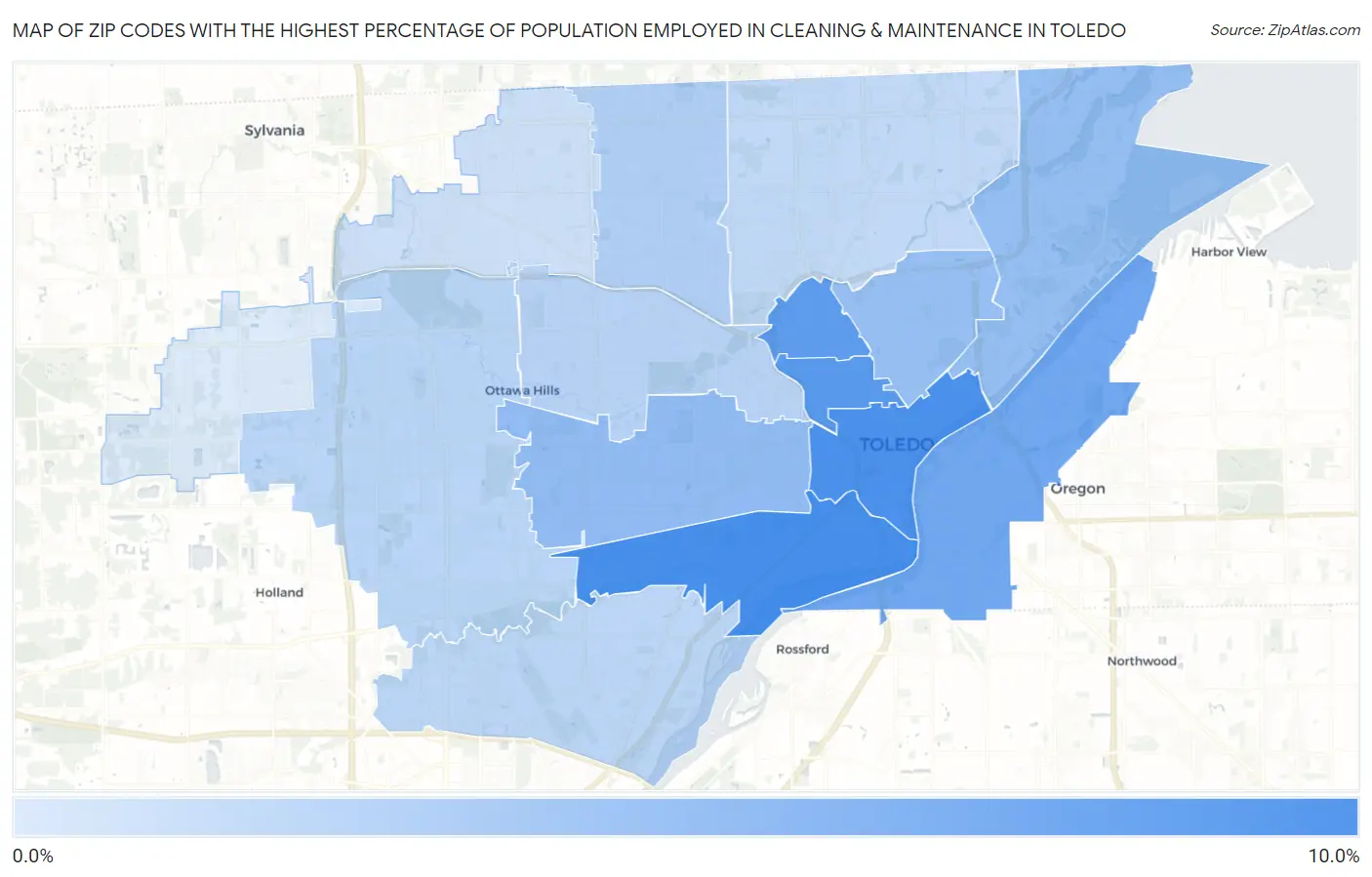 Zip Codes with the Highest Percentage of Population Employed in Cleaning & Maintenance in Toledo Map