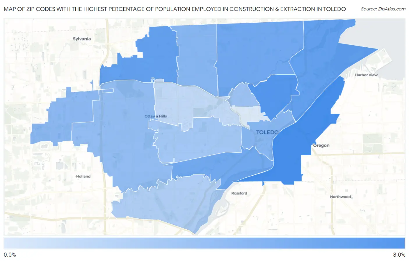 Zip Codes with the Highest Percentage of Population Employed in Construction & Extraction in Toledo Map