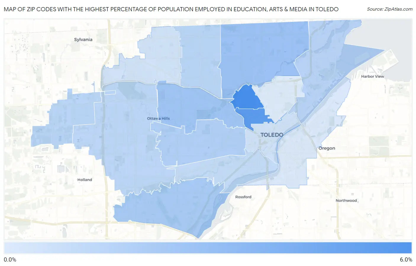 Zip Codes with the Highest Percentage of Population Employed in Education, Arts & Media in Toledo Map