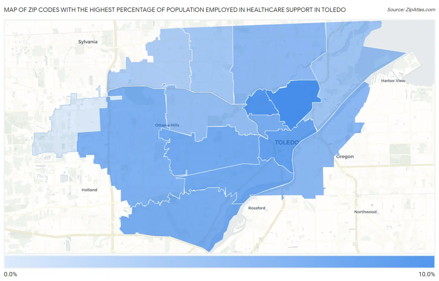 Zip Codes with the Highest Percentage of Population Employed in Healthcare Support in Toledo Map